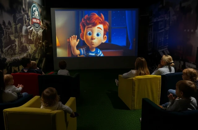 Cinema do MiniLand com animação musical cheia de cor e alegria.